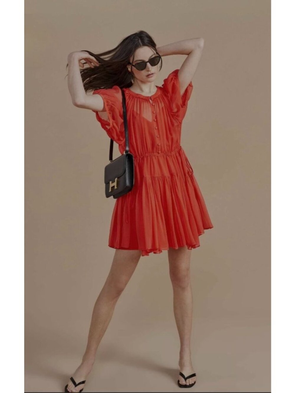La Ligne Ava Silk Vibrant Color Quiet Luxury Puff Sleeve Sheer Mini Dress. Sz L